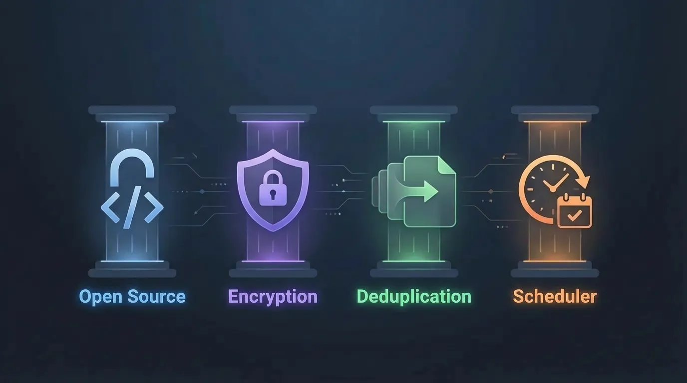 The four pillars of a trustworthy backup solution: Open Source, Encryption, Deduplication, and Scheduler