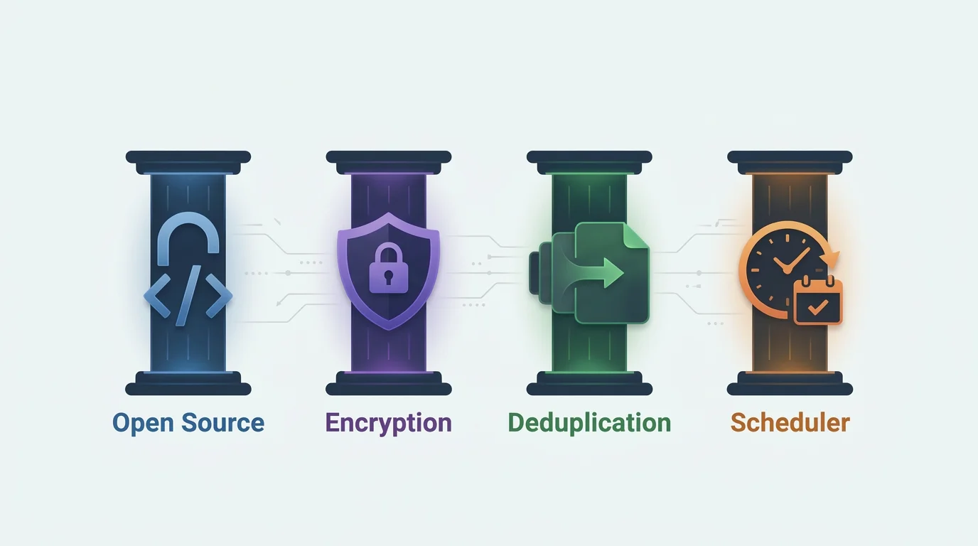The four pillars of a trustworthy backup solution: Open Source, Encryption, Deduplication, and Scheduler