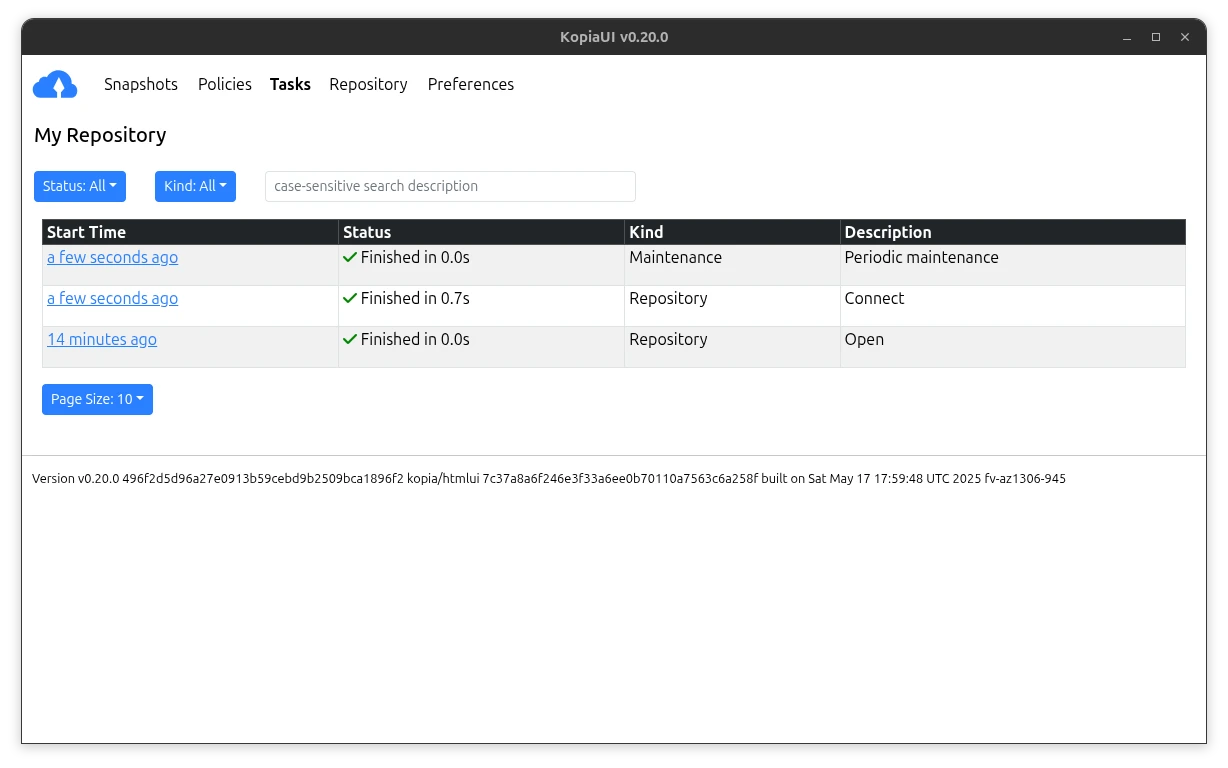 Kopia Server Web UI screenshot